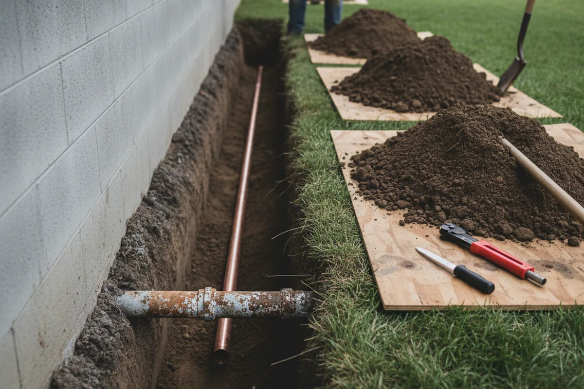 Excavated water line trench during Sewer Line Repair in Mount Croghan